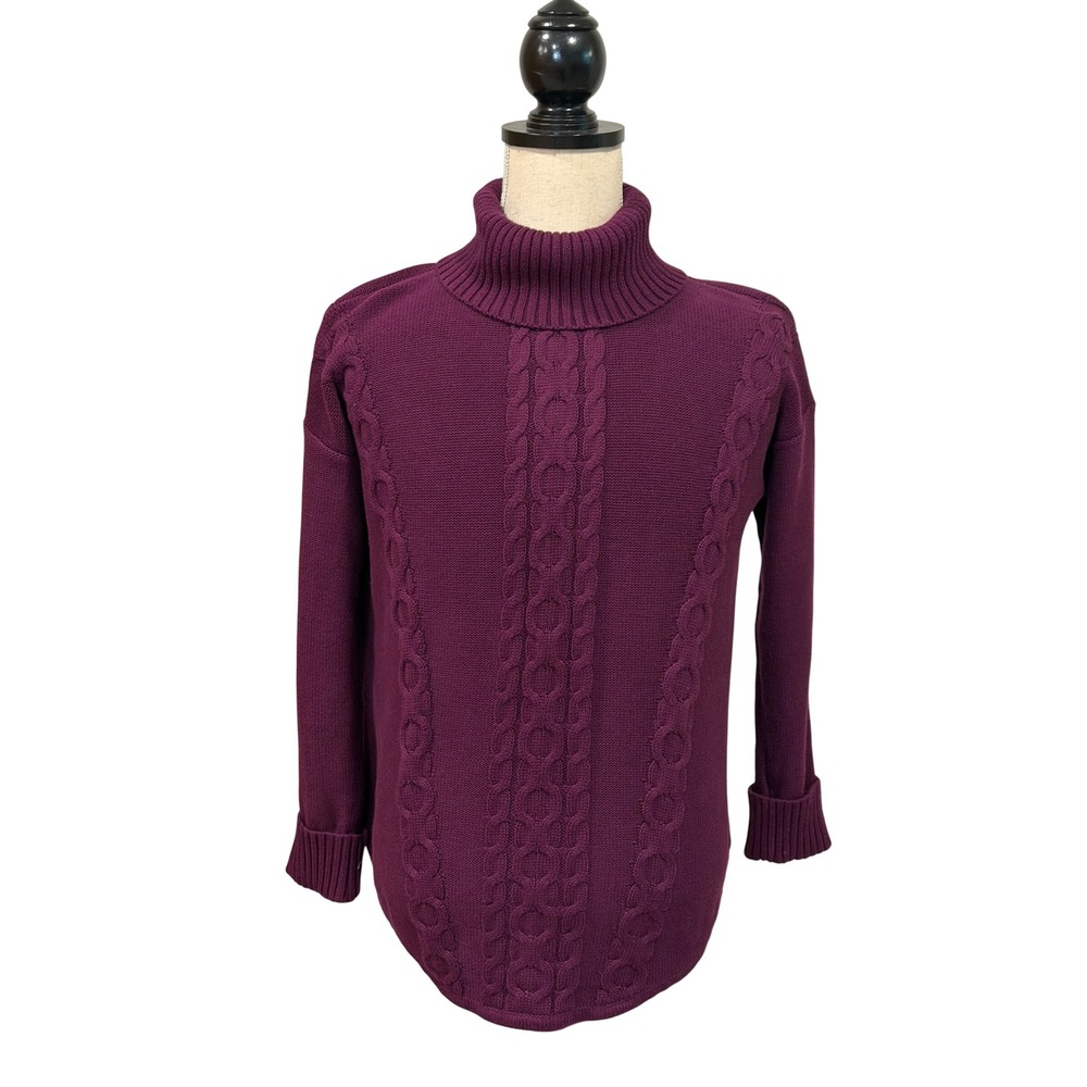 LL Bean Womens XL Plum Purple Cable Knit Cozy Chunky Turtleneck Sweater Pullover